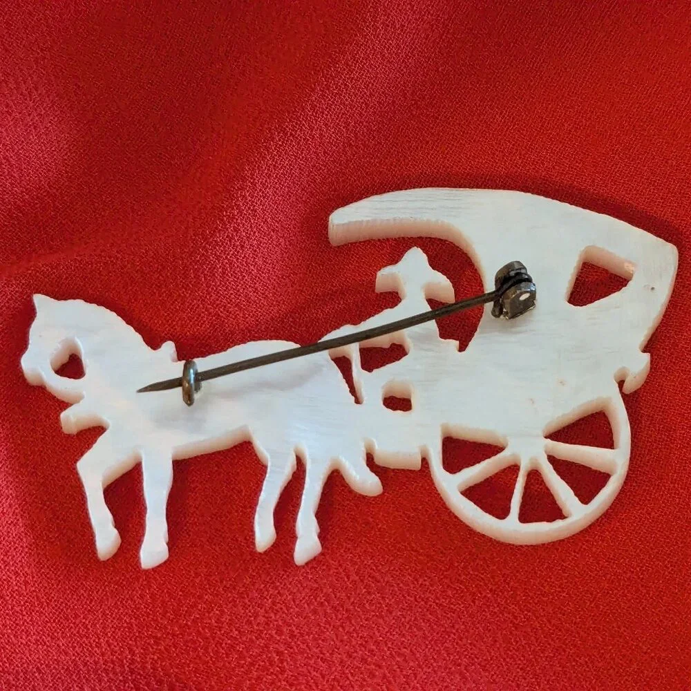 Vintage Hand Carved Mother of Pearl Horse & Carriage Brooch – From Philippines